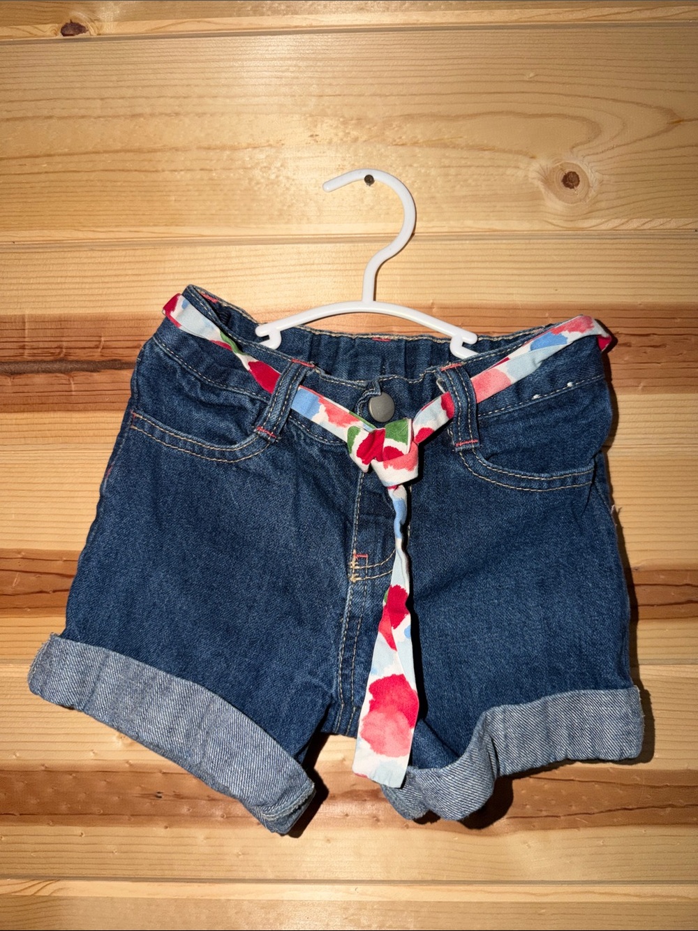 Gymboree Dark Blue Denim Roll-Cuff Shorts with Floral Tie Belt